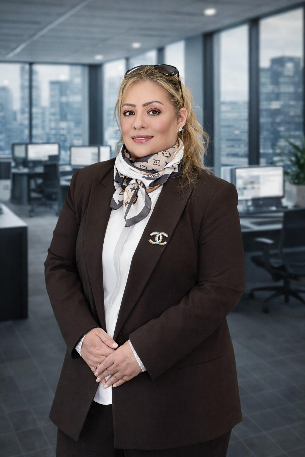 Yeidy Ramírez frente al mural Dexter Global Finance
