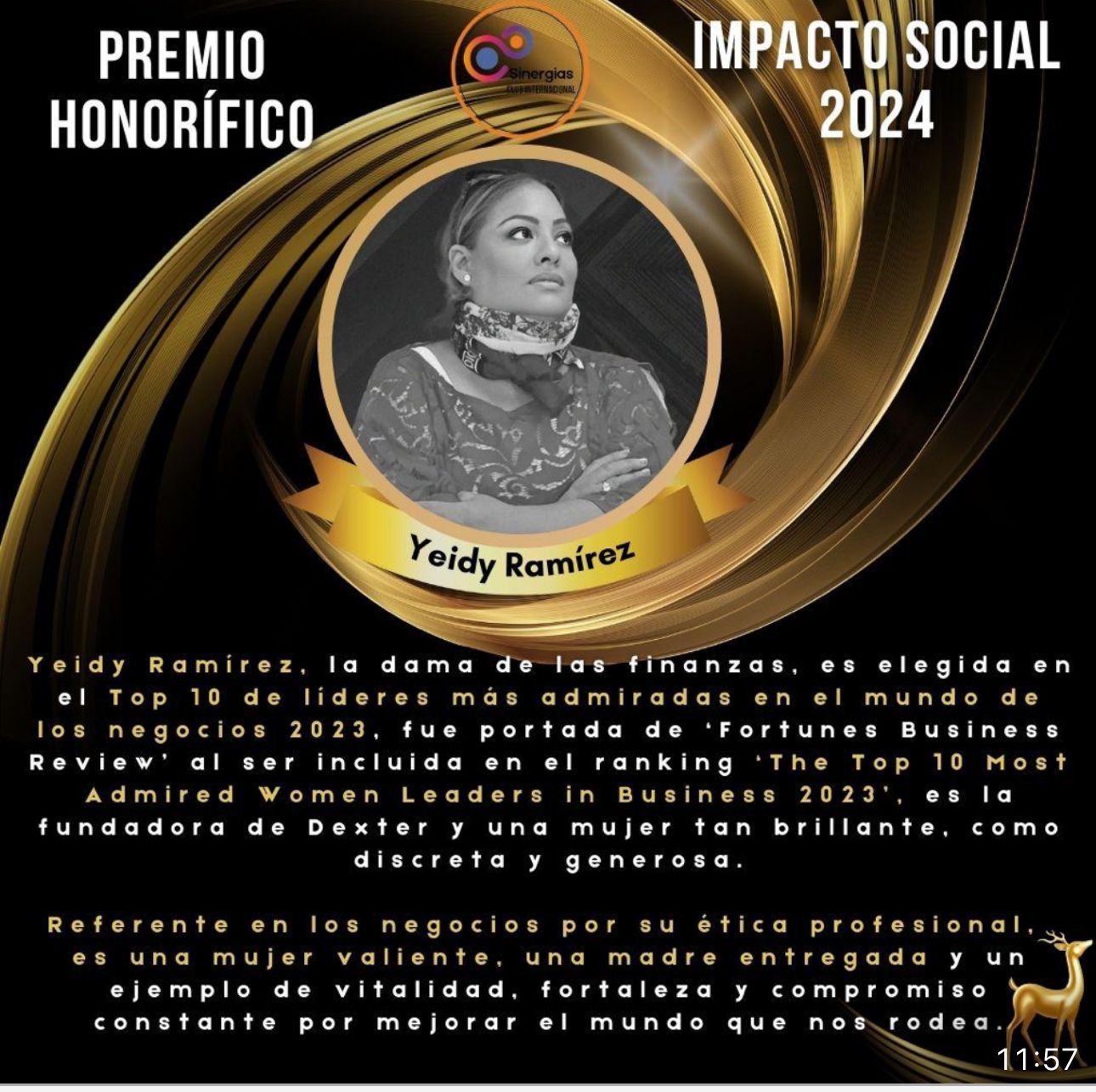 Diploma oficial del Premio Honorífico Impacto Social 2024 otorgado a Yeidy Ramírez por Sinergias Club Internacional